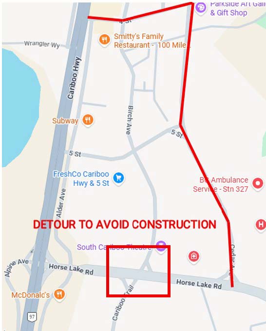 Map showing alternative route