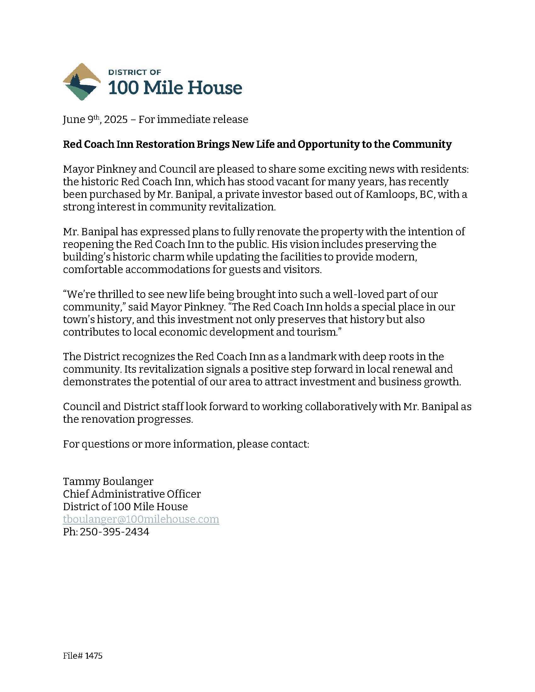 Letter regarding the sale of the Red Coach 
